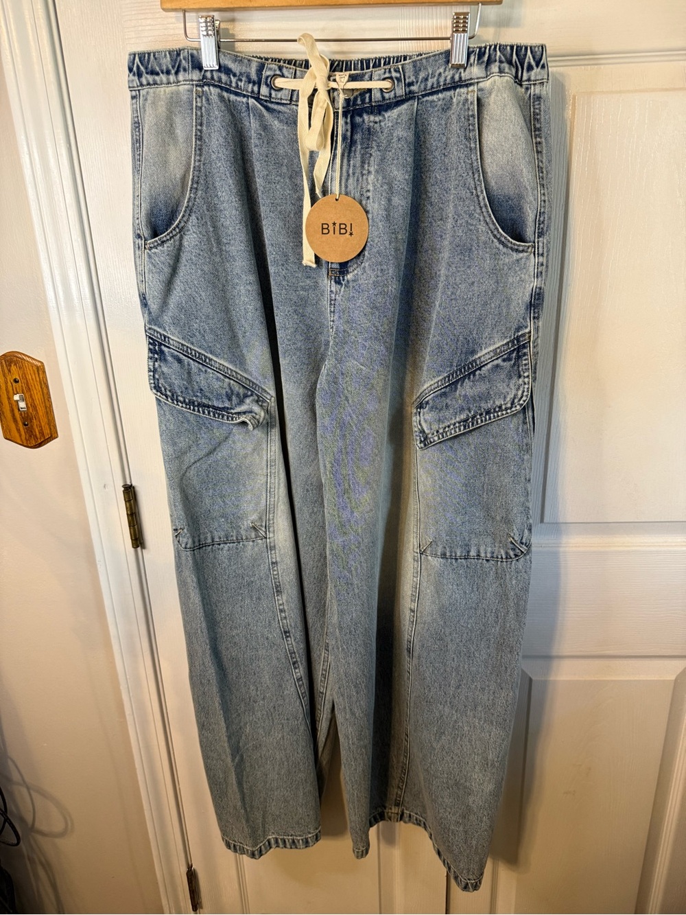 BiBi Light Blue Relaxed Barrel Cargo Jeans with Drawstring